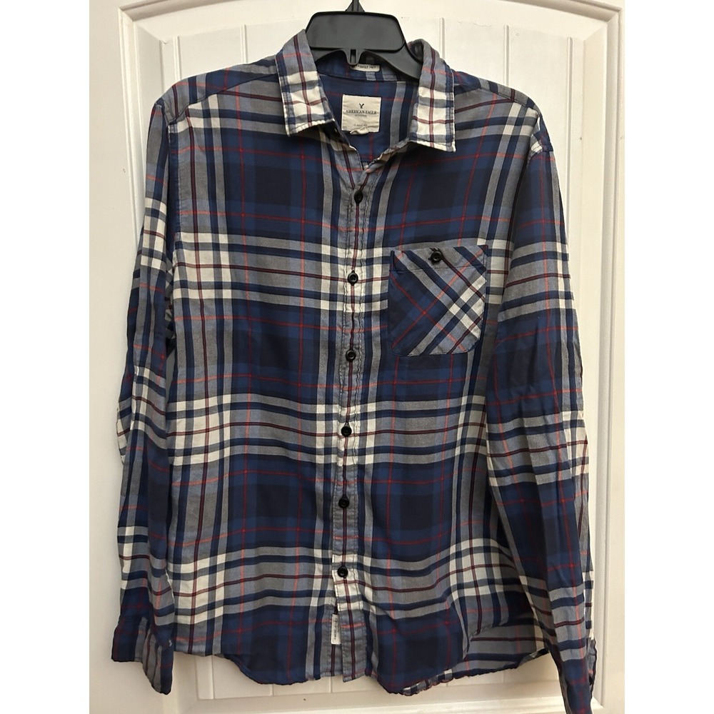 American Eagle Seriously Soft Mens Large Blue Plaid Long Sleeve Button up